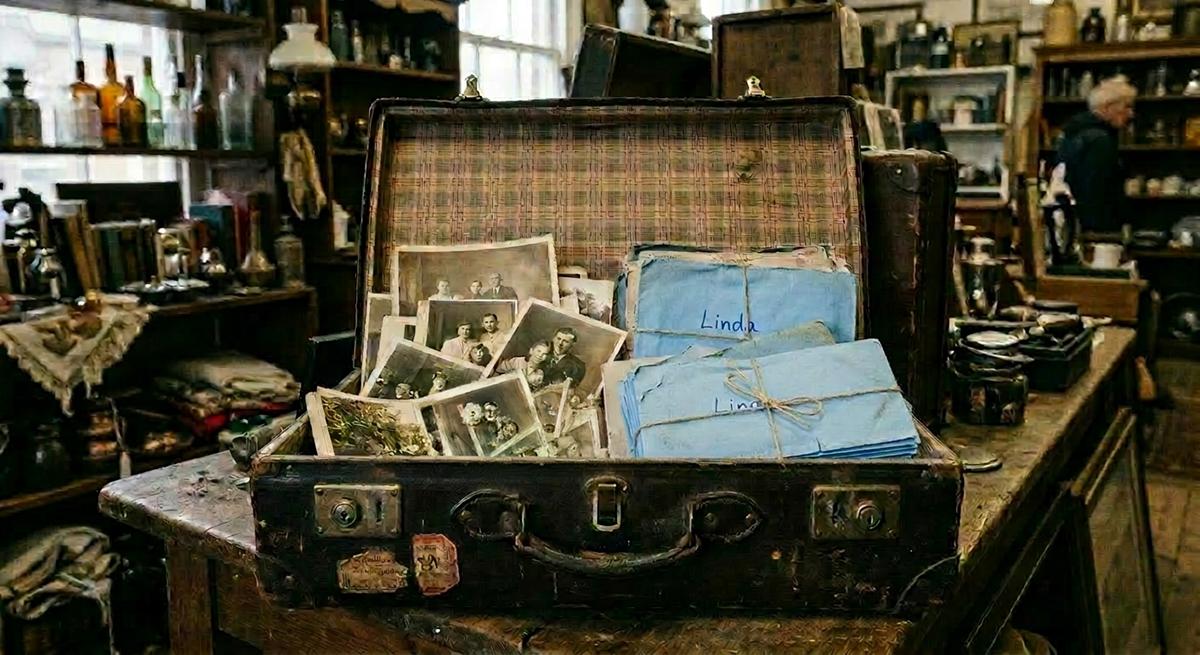 An open suitcase containing bundles of old letters tied with string, and a scattering of photographs.